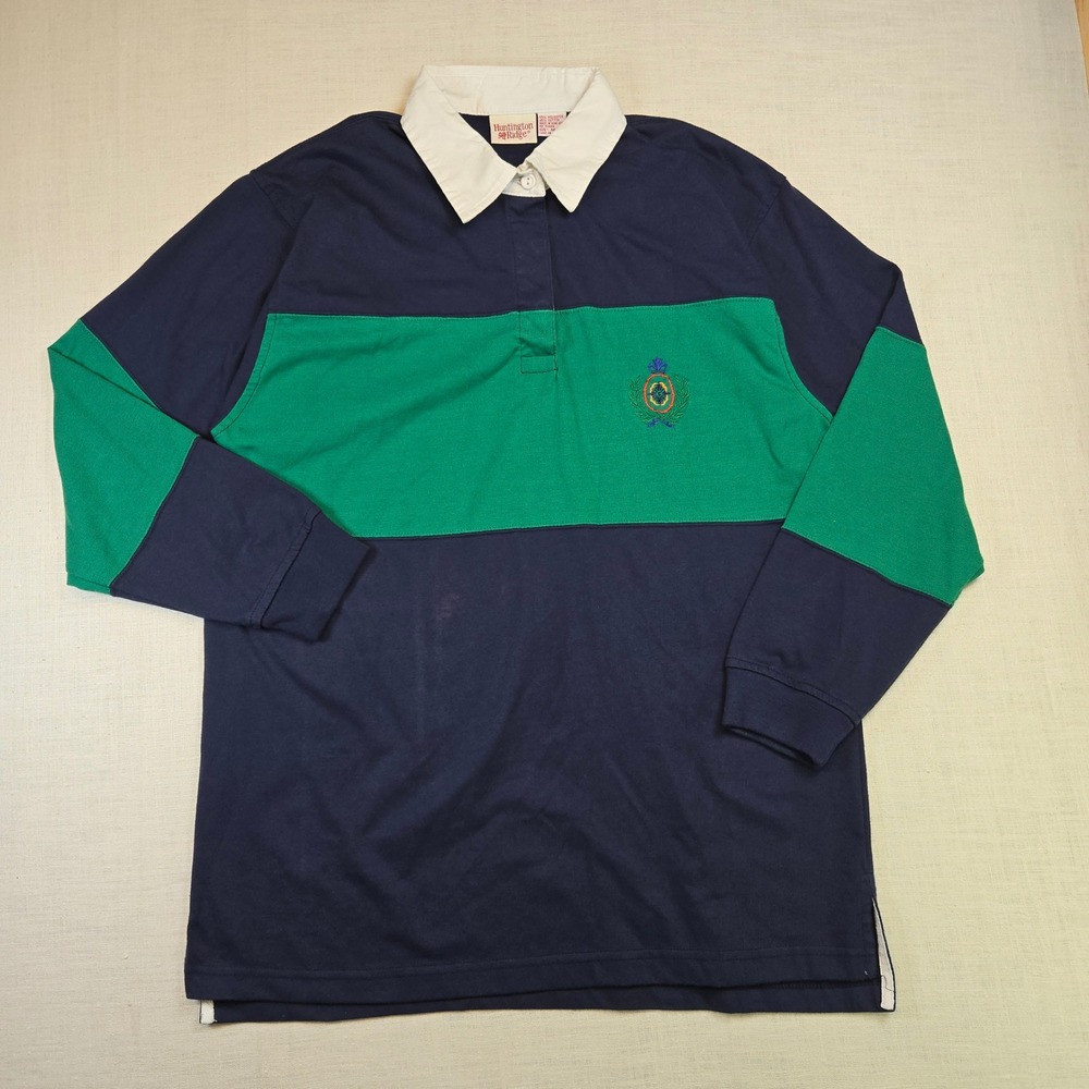 Vintage Huntington Ridge Rugby Shirt Polo Sz M Mens Navy Green Crest Long Sleeve